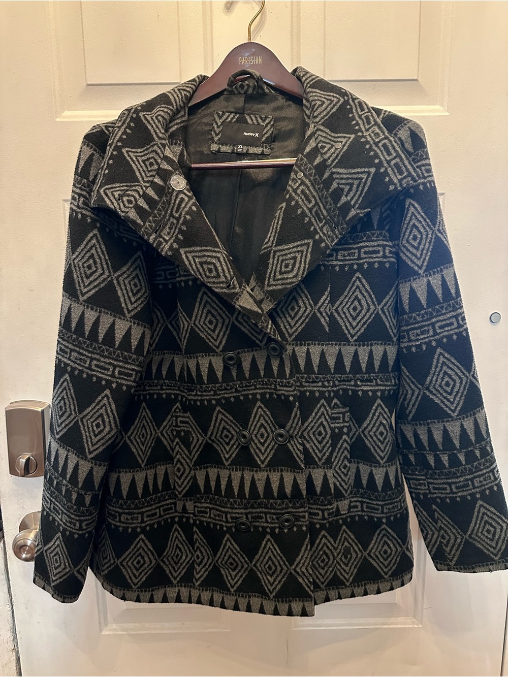 Hurley Black & Gray Geometric Double-Breasted Pea Coat